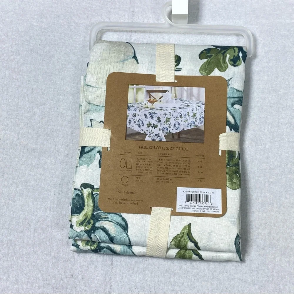 Fall Fabric Autumn Pumkin Tablecloth 60 in X 102 in White Green Blue Watercolor